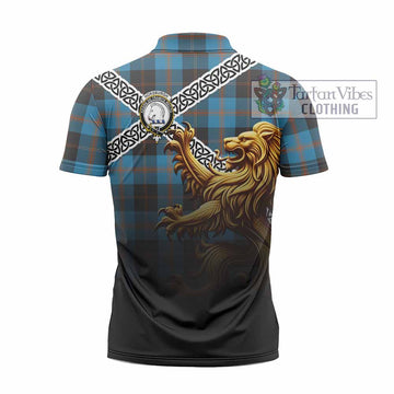 Horsburgh Crest Tartan Zipper Polo Shirt with Golden Lion Emblem Celtic Style - Tartan Vibes Clothing
