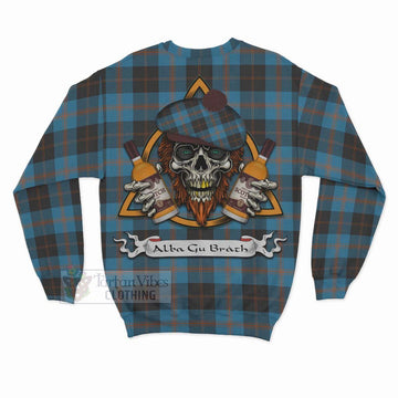 Horsburgh Tartan Sweatshirt with Family Crest and Bearded Skull Holding Bottles of Whiskey - Tartan Vibes Clothing