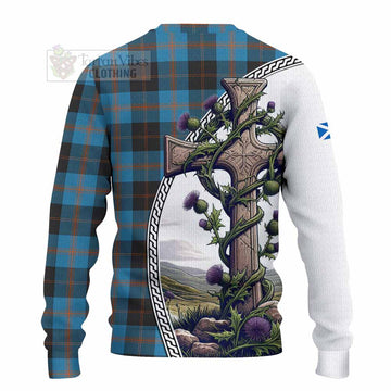 Tartan Vibes Clothing Horsburgh Tartan Knitted Sweater with Family Crest and St. Andrew's Cross Accented by Thistle Vines
