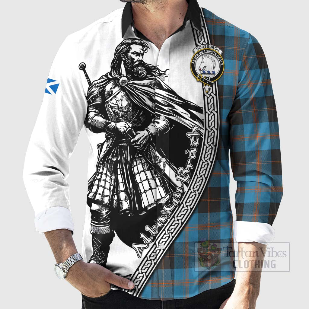 Horsburgh Tartan Clan Crest Long Sleeve Button Shirt with Highlander Warrior Celtic Style - Tartan Vibes Clothing