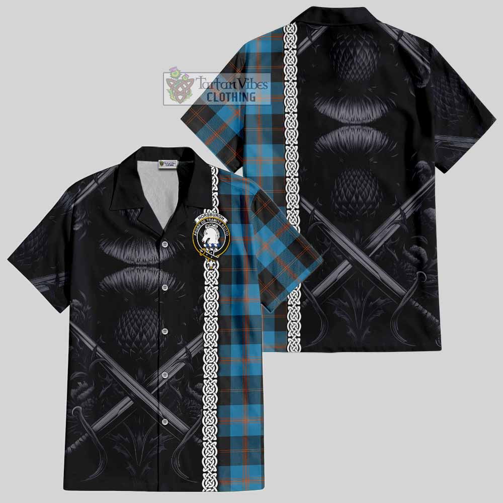 Horsburgh Tartan Hawaiian Shirt with Family Crest Cross Sword Thistle Celtic Vibes - Tartan Vibes Clothing