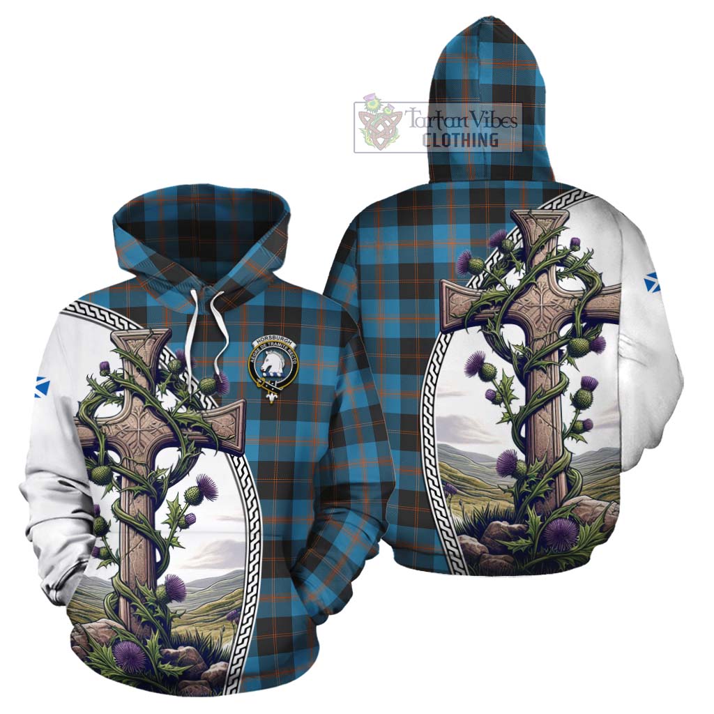 Tartan Vibes Clothing Horsburgh Tartan Cotton Hoodie with Family Crest and St. Andrew's Cross Accented by Thistle Vines