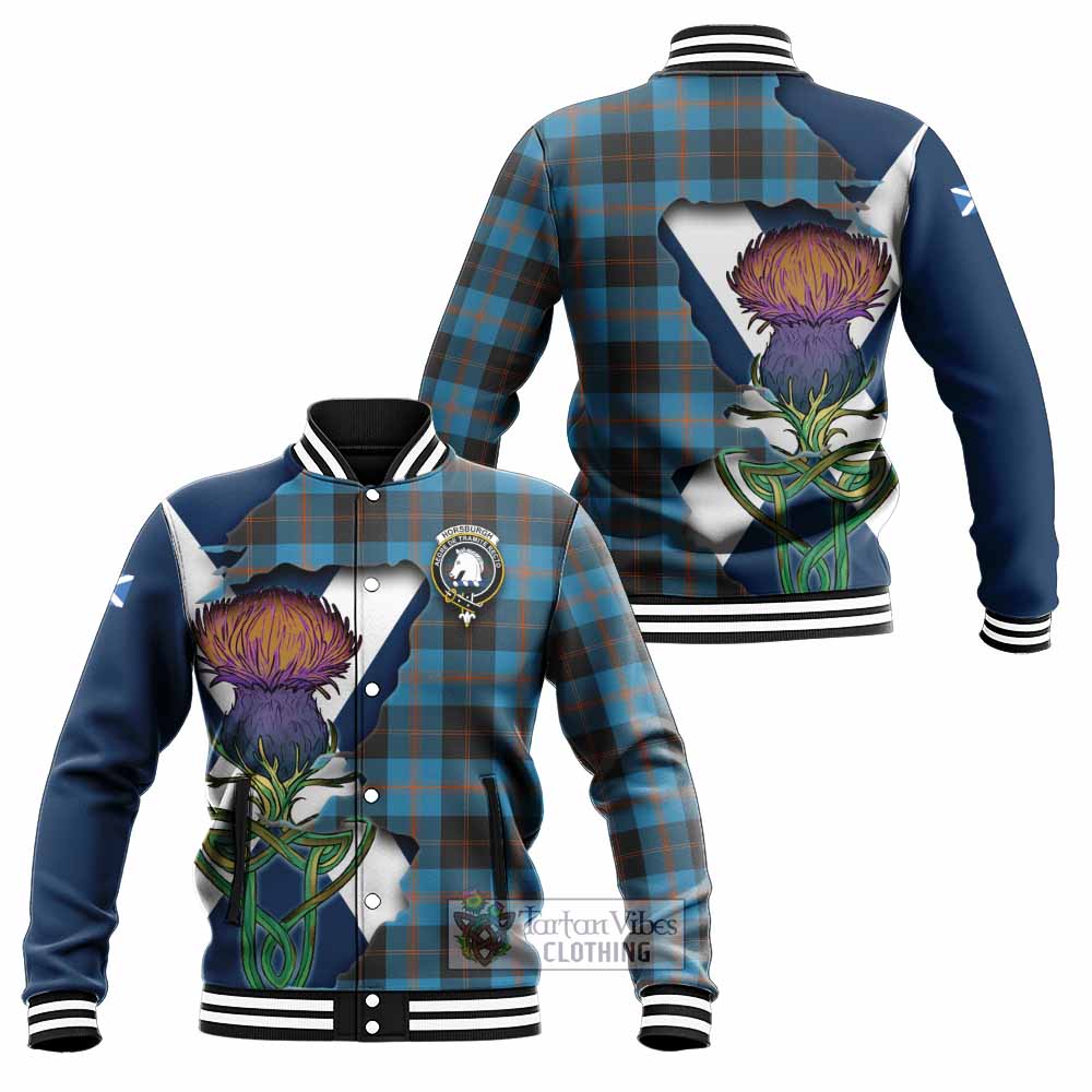 Tartan Vibes Clothing Horsburgh Tartan Family Crest Baseball Jacket Scottish Thistle Celtic Inspired