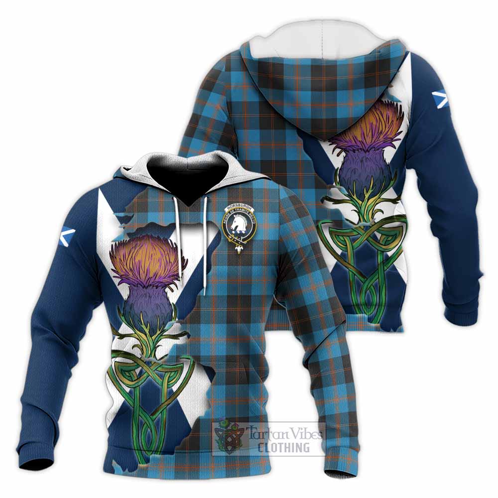Tartan Vibes Clothing Horsburgh Tartan Family Crest Knitted Hoodie Scottish Thistle Celtic Inspired