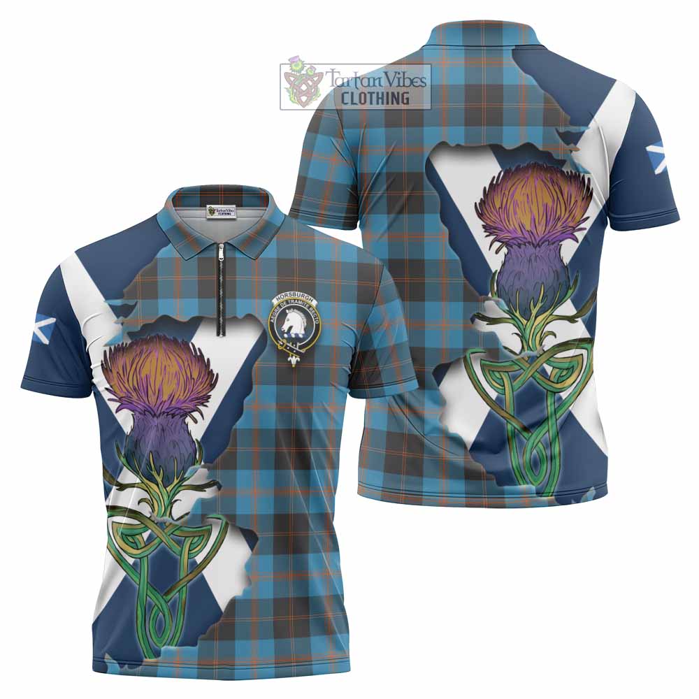 Tartan Vibes Clothing Horsburgh Tartan Family Crest Zipper Polo Shirt Scottish Thistle Celtic Inspired