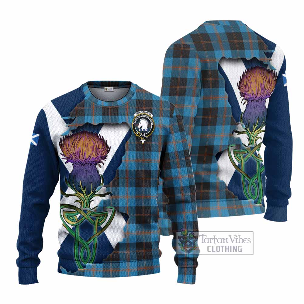 Tartan Vibes Clothing Horsburgh Tartan Family Crest Knitted Sweater Scottish Thistle Celtic Inspired