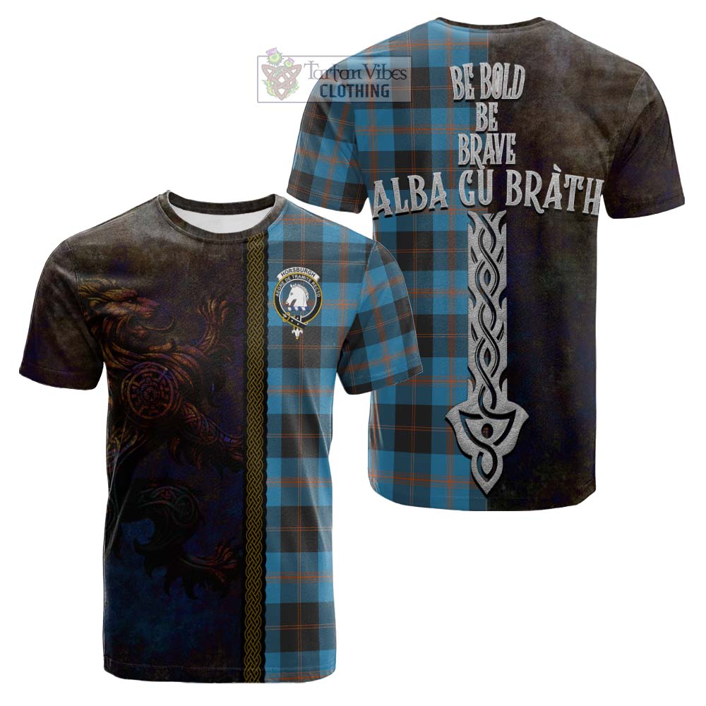 Tartan Vibes Clothing Horsburgh Tartan Family Crest Cotton T-shirt Alba Gu Brath Be Brave Lion Ancient Style
