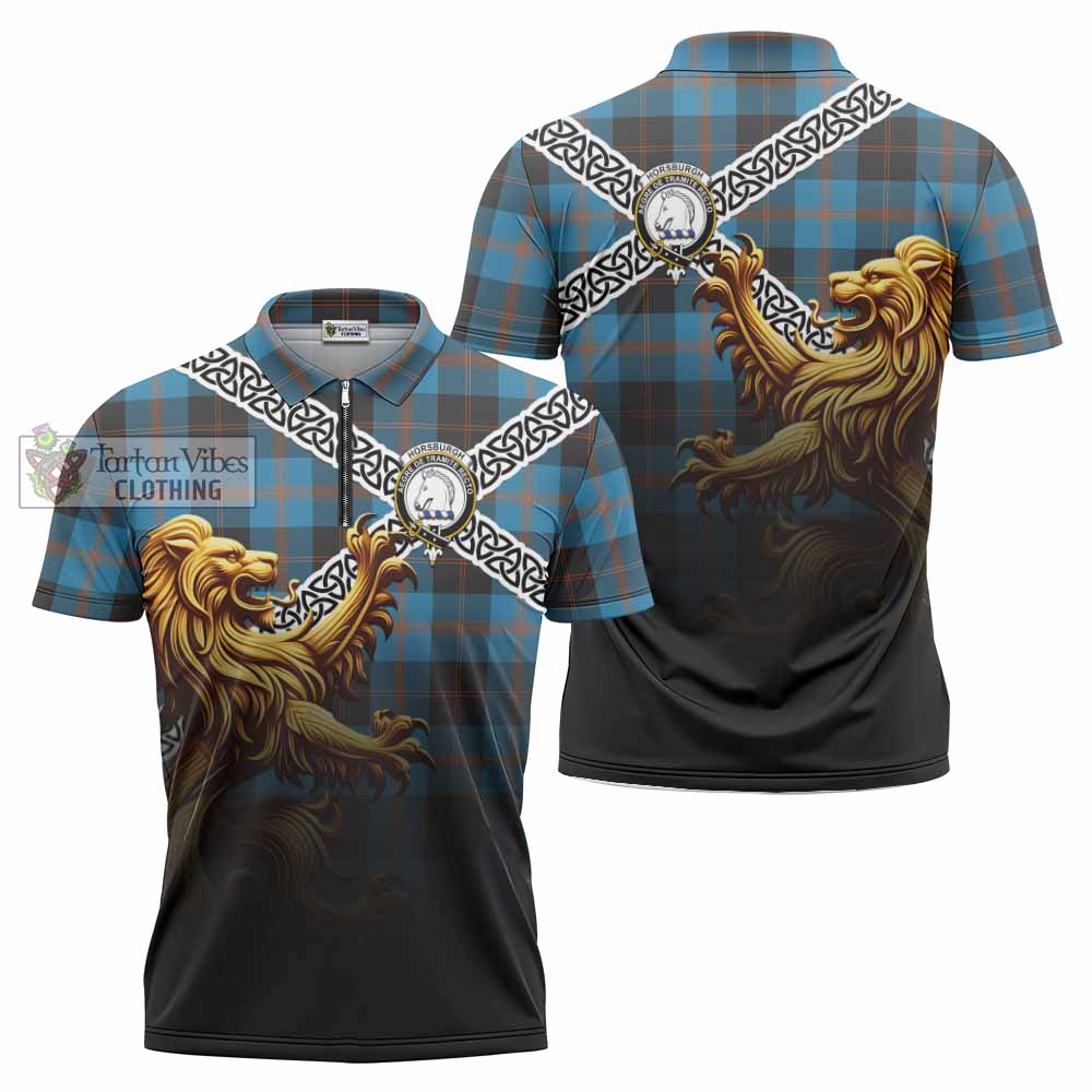 Horsburgh Crest Tartan Zipper Polo Shirt with Golden Lion Emblem Celtic Style - Tartan Vibes Clothing