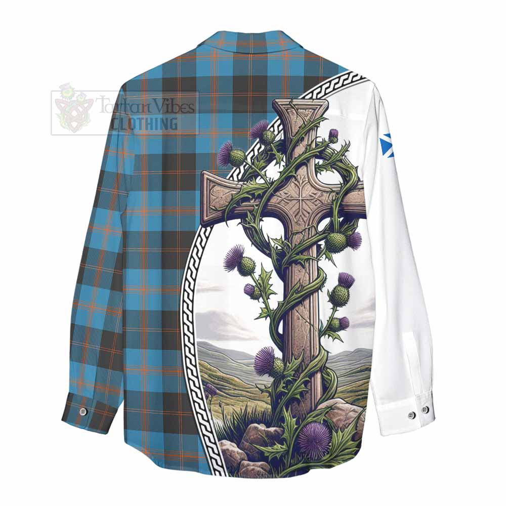 Tartan Vibes Clothing Horsburgh Tartan Women's Casual Shirt with Family Crest and St. Andrew's Cross Accented by Thistle Vines