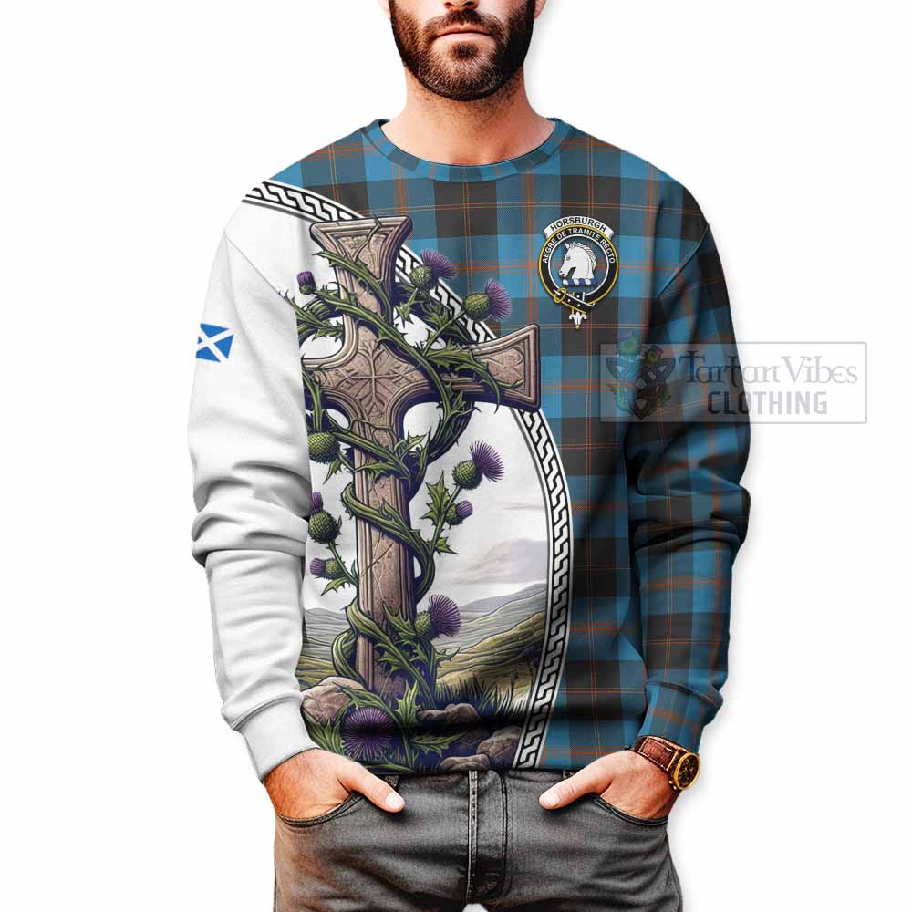 Tartan Vibes Clothing Horsburgh Tartan Sweatshirt with Family Crest and St. Andrew's Cross Accented by Thistle Vines
