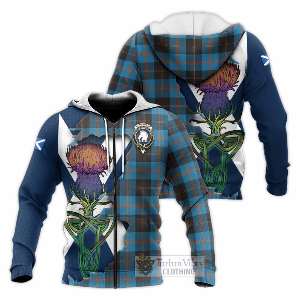 Tartan Vibes Clothing Horsburgh Tartan Family Crest Knitted Hoodie Scottish Thistle Celtic Inspired