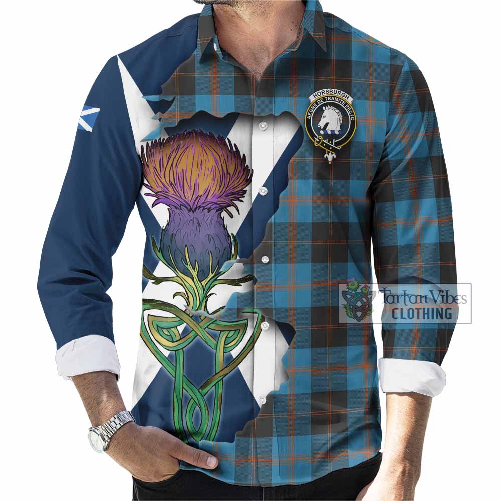 Tartan Vibes Clothing Horsburgh Tartan Family Crest Long Sleeve Button Shirt Scottish Thistle Celtic Inspired
