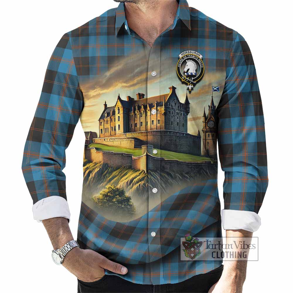 Tartan Vibes Clothing Horsburgh Tartan Family Crest Long Sleeve Button Shirt with Scottish Ancient Castle Style