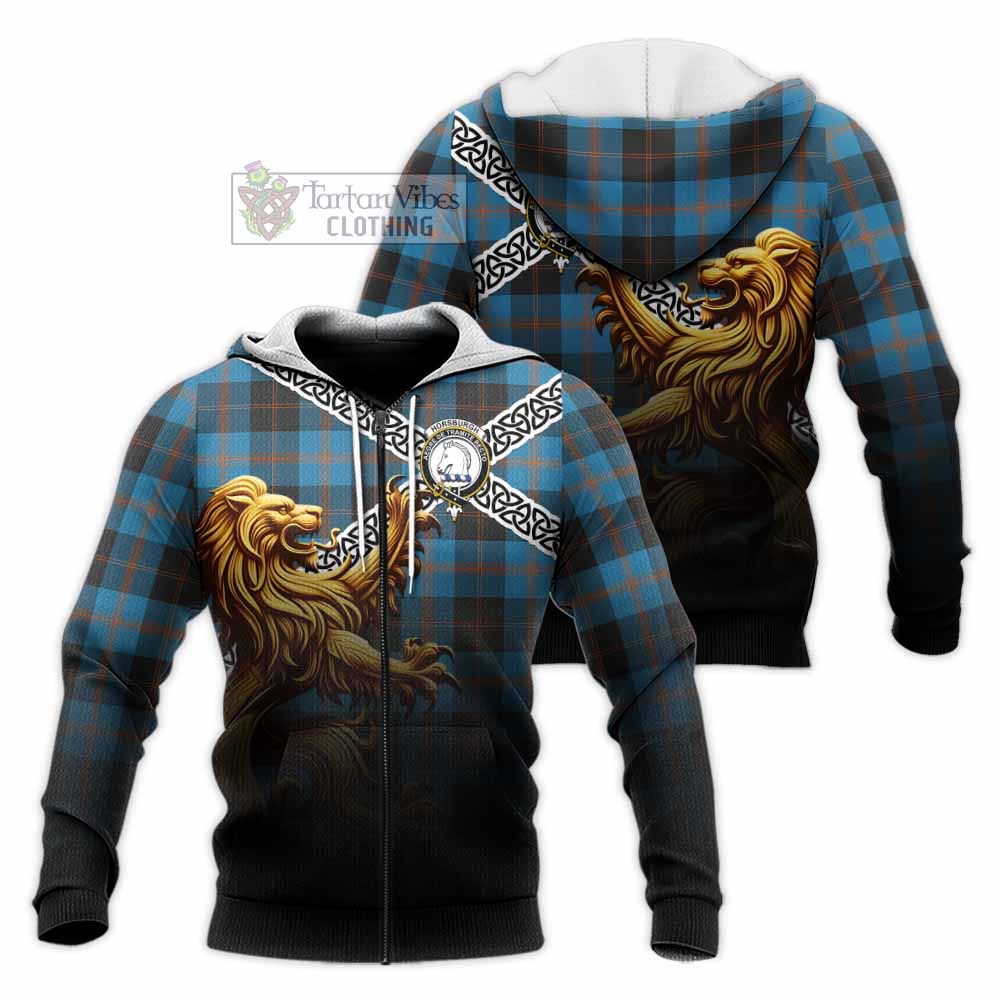 Horsburgh Crest Tartan Knitted Hoodie with Golden Lion Emblem Celtic Style Unisex Knitted Zip Hoodie - Tartan Vibes Clothing