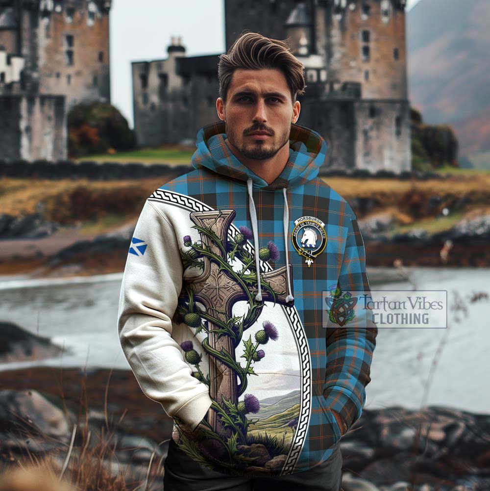 Tartan Vibes Clothing Horsburgh Tartan Cotton Hoodie with Family Crest and St. Andrew's Cross Accented by Thistle Vines