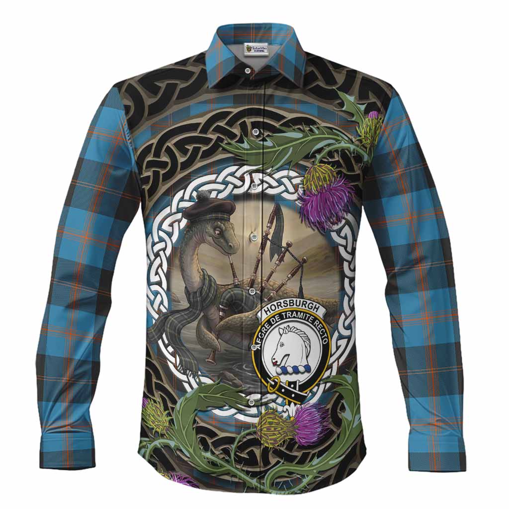 Horsburgh Tartan Crest Bagpipe Nessie Long Sleeve Button Shirts Scottish Loch Ness Monster Celtic Thistle