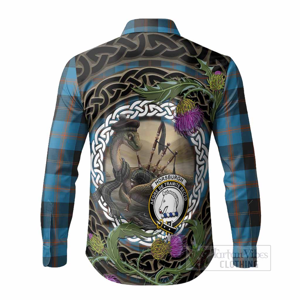 Horsburgh Tartan Crest Bagpipe Nessie Long Sleeve Button Shirts Scottish Loch Ness Monster Celtic Thistle