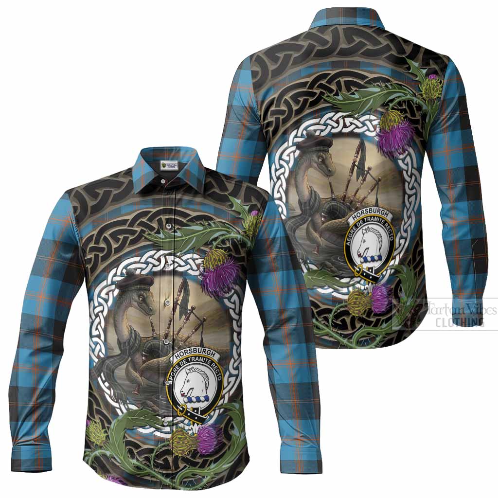 Horsburgh Tartan Crest Bagpipe Nessie Long Sleeve Button Shirts Scottish Loch Ness Monster Celtic Thistle