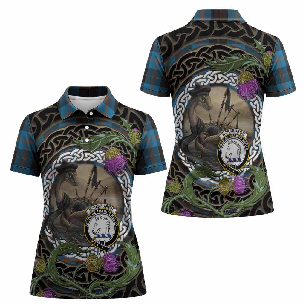 Horsburgh Tartan Crest Bagpipe Nessie Women Polo Shirt Scottish Loch Ness Monster Celtic Thistle