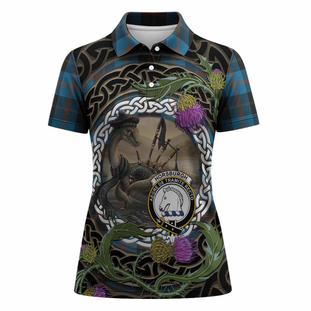Horsburgh Tartan Crest Bagpipe Nessie Women Polo Shirt Scottish Loch Ness Monster Celtic Thistle