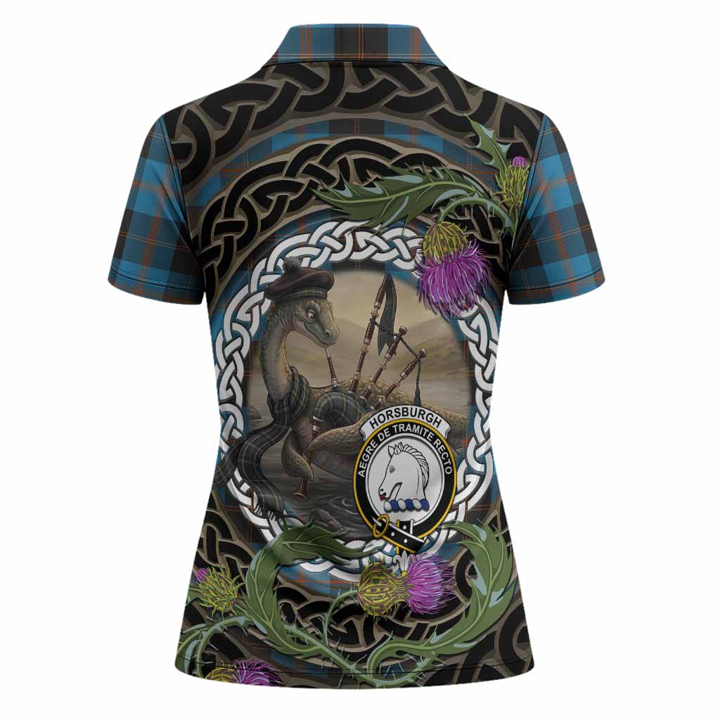 Horsburgh Tartan Crest Bagpipe Nessie Women Polo Shirt Scottish Loch Ness Monster Celtic Thistle