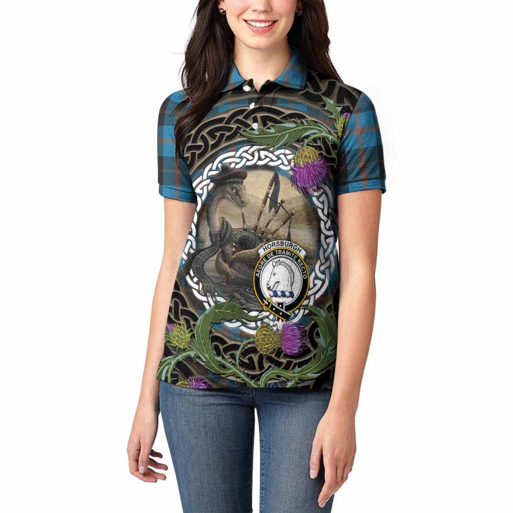 Horsburgh Tartan Crest Bagpipe Nessie Women Polo Shirt Scottish Loch Ness Monster Celtic Thistle