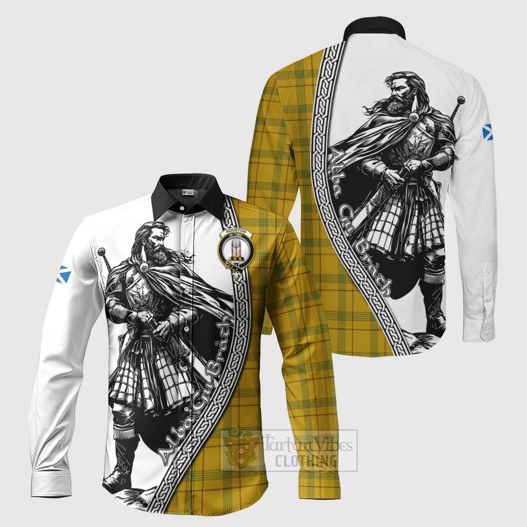 Houston Tartan Clan Crest Long Sleeve Button Shirt with Highlander Warrior Celtic Style Men's Shirt S - Tartan Vibes Clothing