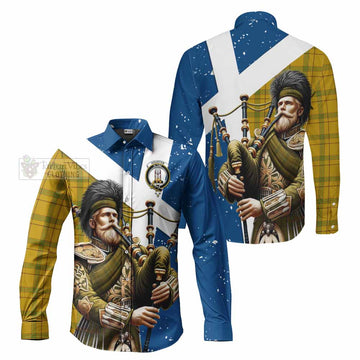 Houston Tartan Long Sleeve Button Shirt with Family Crest Scottish Bagpiper Vibes Men's Shirt - Tartan Vibes Clothing