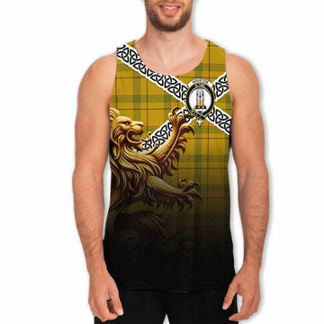 Tartan Vibes Clothing Houston Crest Tartan Men's Tank Top with Golden Lion Emblem Celtic Style