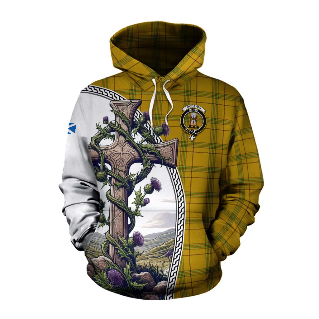 Tartan Vibes Clothing Houston Tartan Cotton Hoodie with Family Crest and St. Andrew's Cross Accented by Thistle Vines