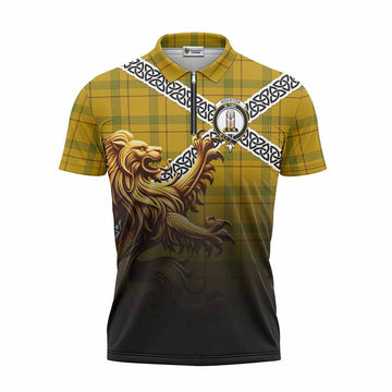 Houston Crest Tartan Zipper Polo Shirt with Golden Lion Emblem Celtic Style Unisex - Tartan Vibes Clothing