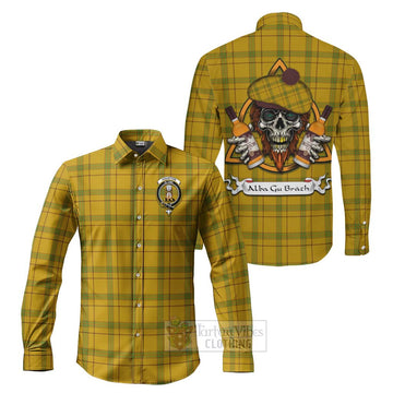 Houston Tartan Long Sleeve Button Shirt with Family Crest and Bearded Skull Holding Bottles of Whiskey Men's Shirt S - Tartan Vibes Clothing