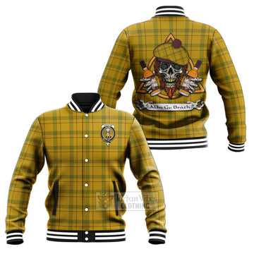 Houston Tartan Baseball Jacket with Family Crest and Bearded Skull Holding Bottles of Whiskey Unisex - Tartan Vibes Clothing