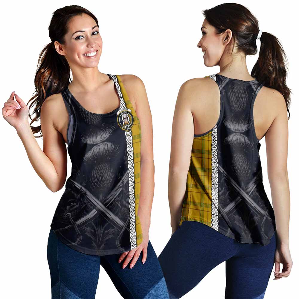 Houston Tartan Women's Racerback Tanks with Family Crest Cross Sword Thistle Celtic Vibes 4XL - Tartan Vibes Clothing