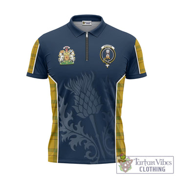 Houston Tartan Zipper Polo Shirt with Family Crest and Scottish Thistle Vibes Sport Style