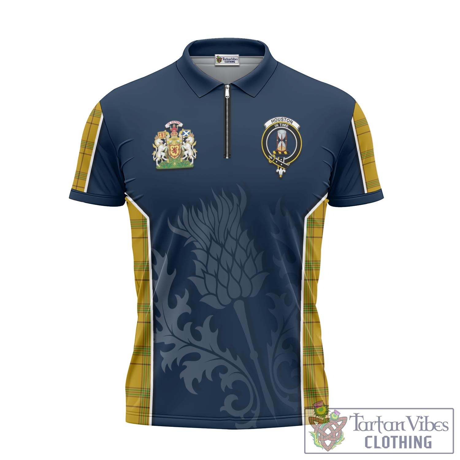 Tartan Vibes Clothing Houston Tartan Zipper Polo Shirt with Family Crest and Scottish Thistle Vibes Sport Style