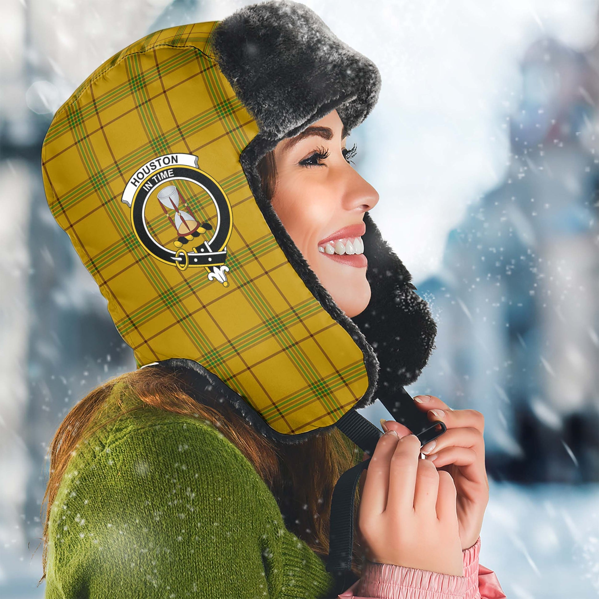 Houston Tartan Winter Trapper Hat with Family Crest Winter Trapper Hat Universal Fit Circumference 22.8in (58cm) - Tartan Vibes Clothing
