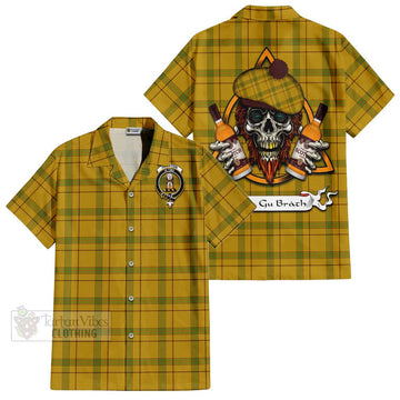Houston Tartan Hawaiian Shirt with Family Crest and Bearded Skull Holding Bottles of Whiskey Kid - Tartan Vibes Clothing