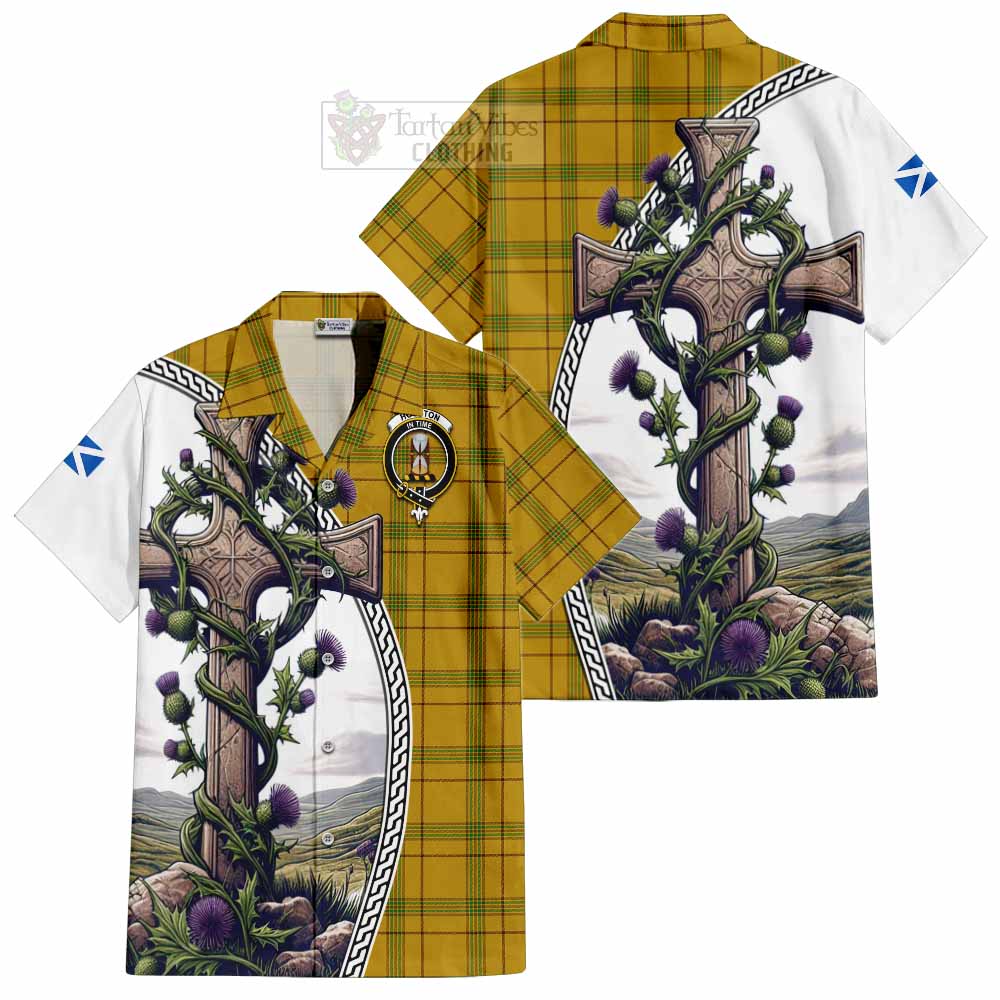 Houston Tartan Hawaiian Shirt with Family Crest and St. Andrew's Cross Accented by Thistle Vines Kid - Tartan Vibes Clothing