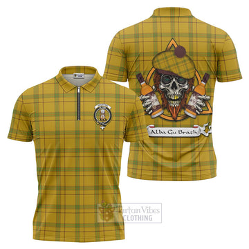 Houston Tartan Zipper Polo Shirt with Family Crest and Bearded Skull Holding Bottles of Whiskey Unisex - Tartan Vibes Clothing