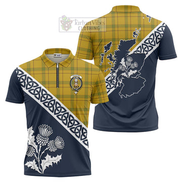 Houston Tartan Zipper Polo Shirt Featuring Thistle and Scotland Map Unisex - Tartanvibesclothing Store