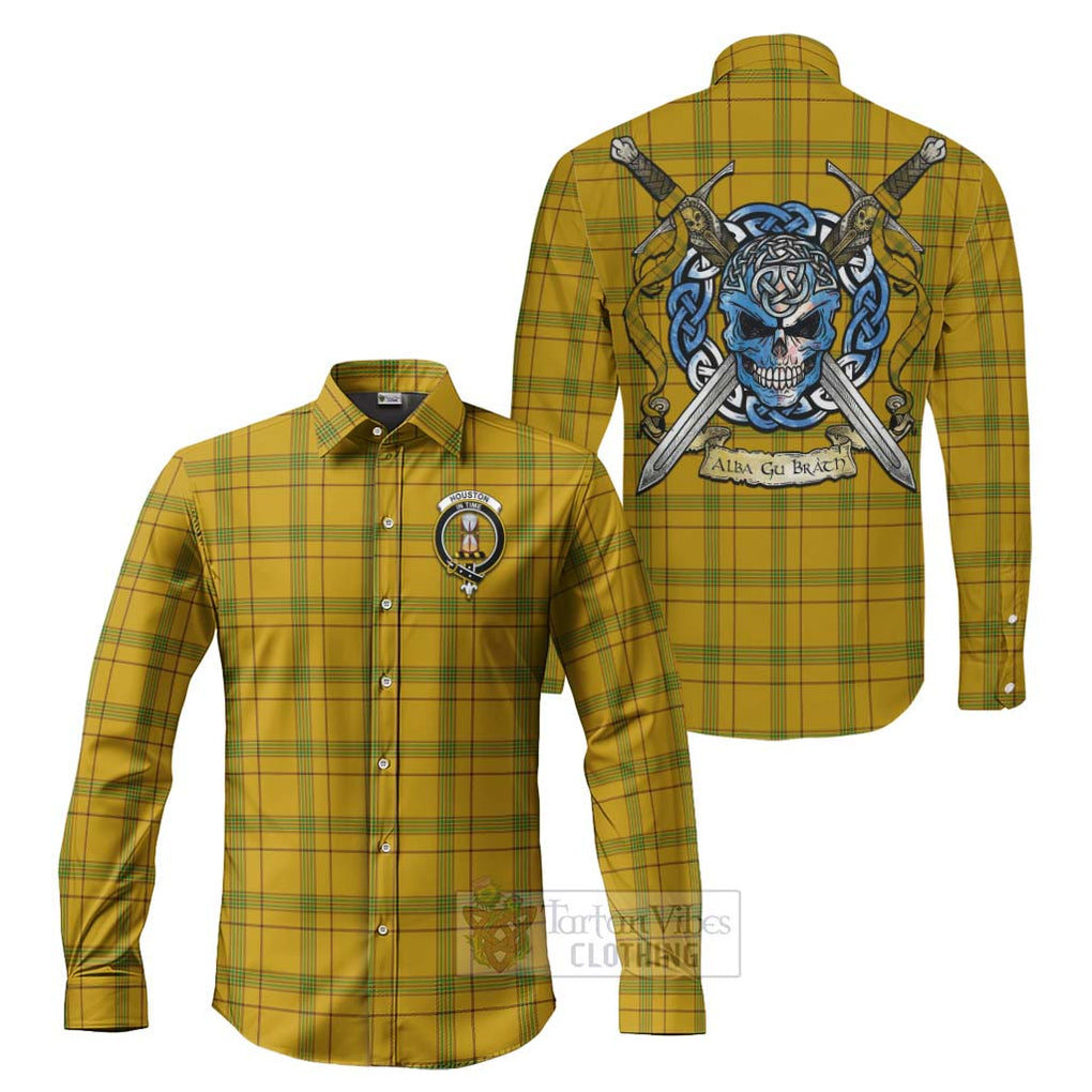 Houston Tartan Long Sleeve Button Shirt with Family Crest Celtic Skull Style Men's Shirt S - Tartan Vibes Clothing