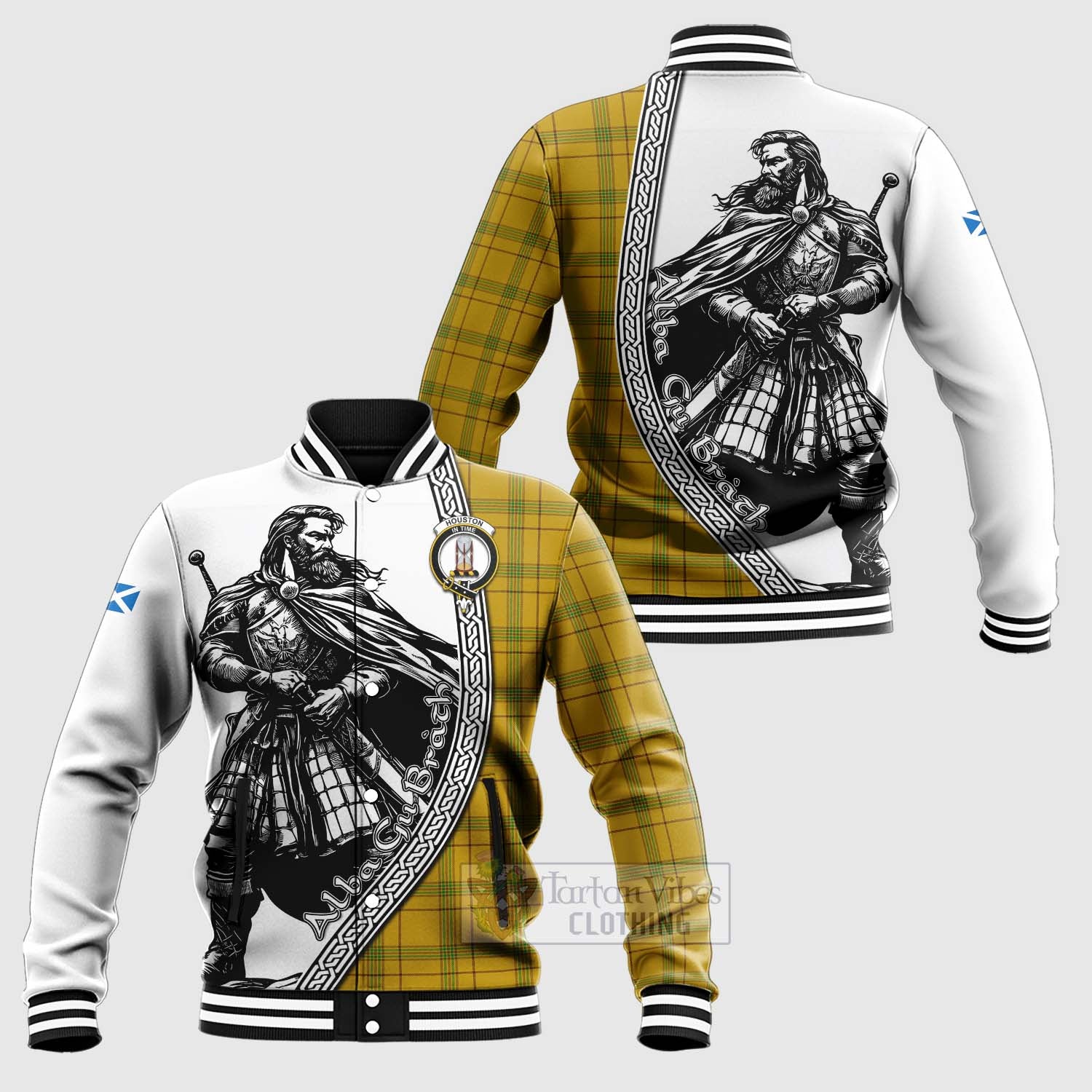 Houston Tartan Clan Crest Baseball Jacket with Highlander Warrior Celtic Style Unisex - Tartan Vibes Clothing