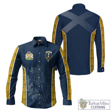 Houston Tartan Long Sleeve Button Up Shirt with Family Crest and Scottish Thistle Vibes Sport Style