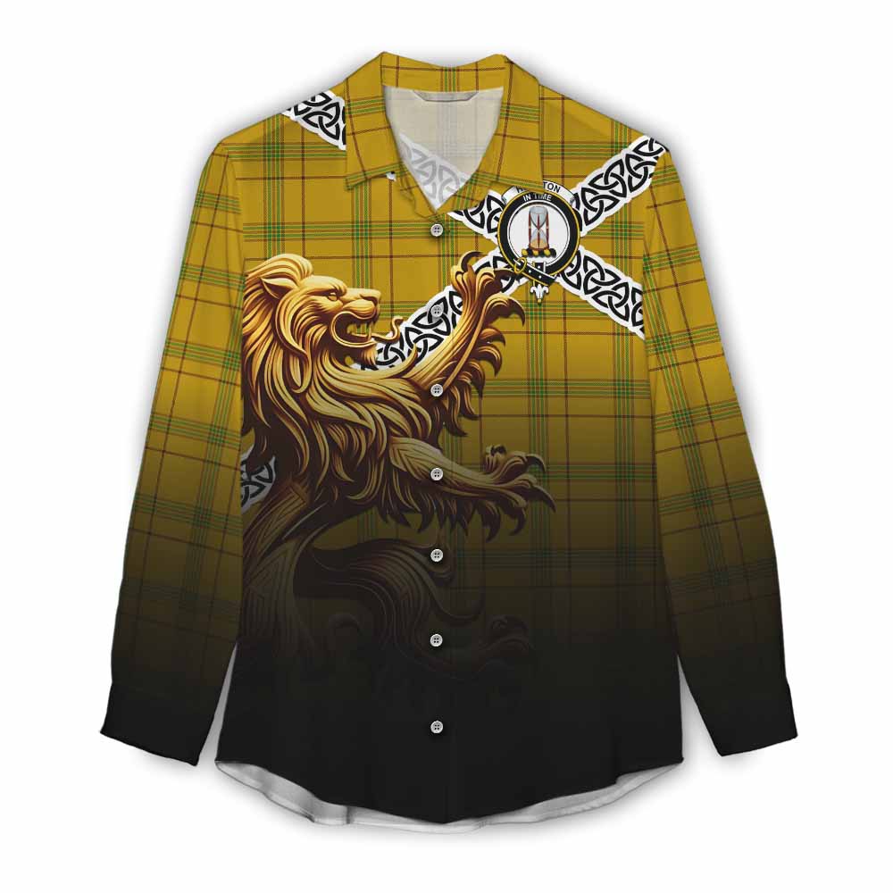 Houston Crest Tartan Women's Casual Shirt with Golden Lion Emblem Celtic Style Female - Tartan Vibes Clothing