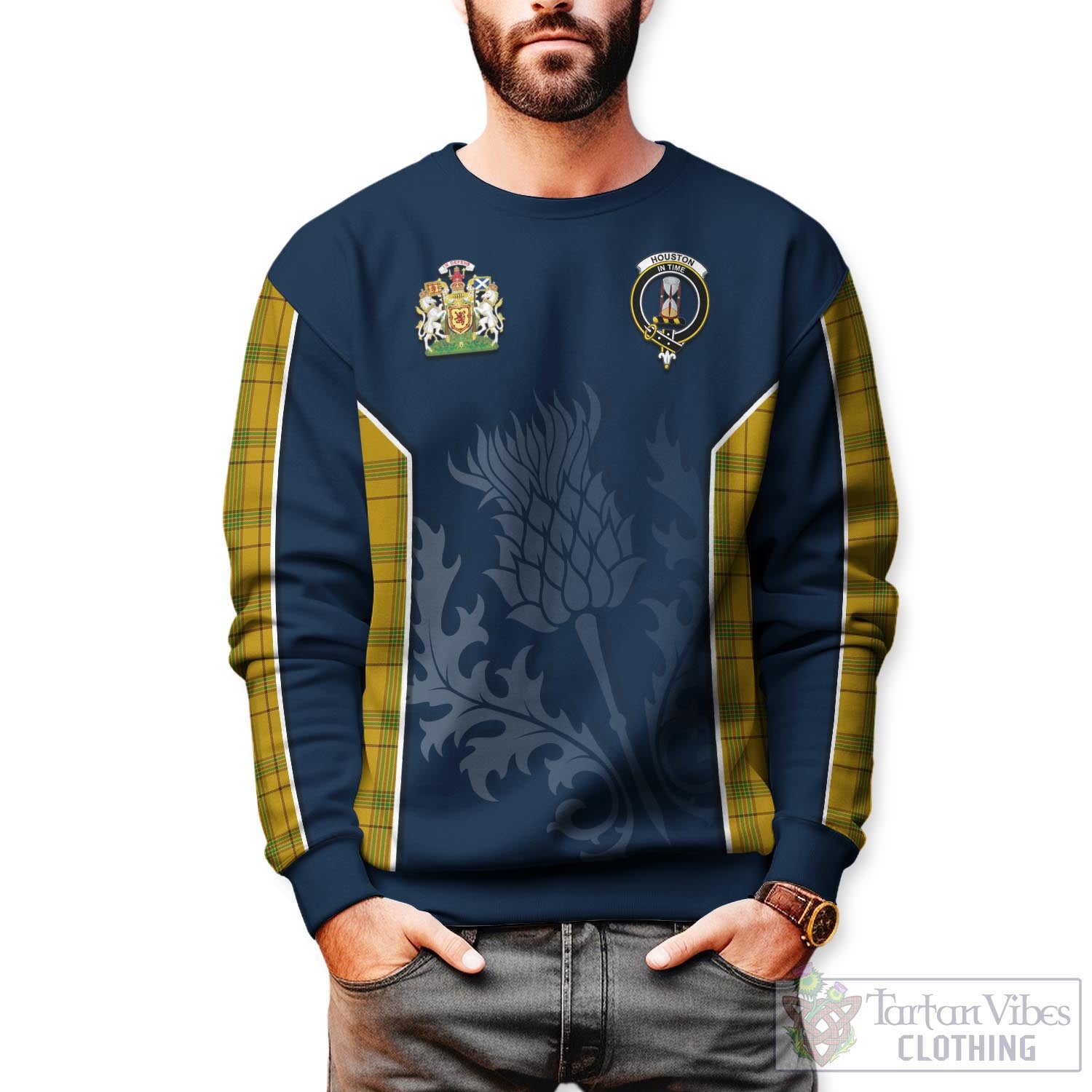 Tartan Vibes Clothing Houston Tartan Sweatshirt with Family Crest and Scottish Thistle Vibes Sport Style