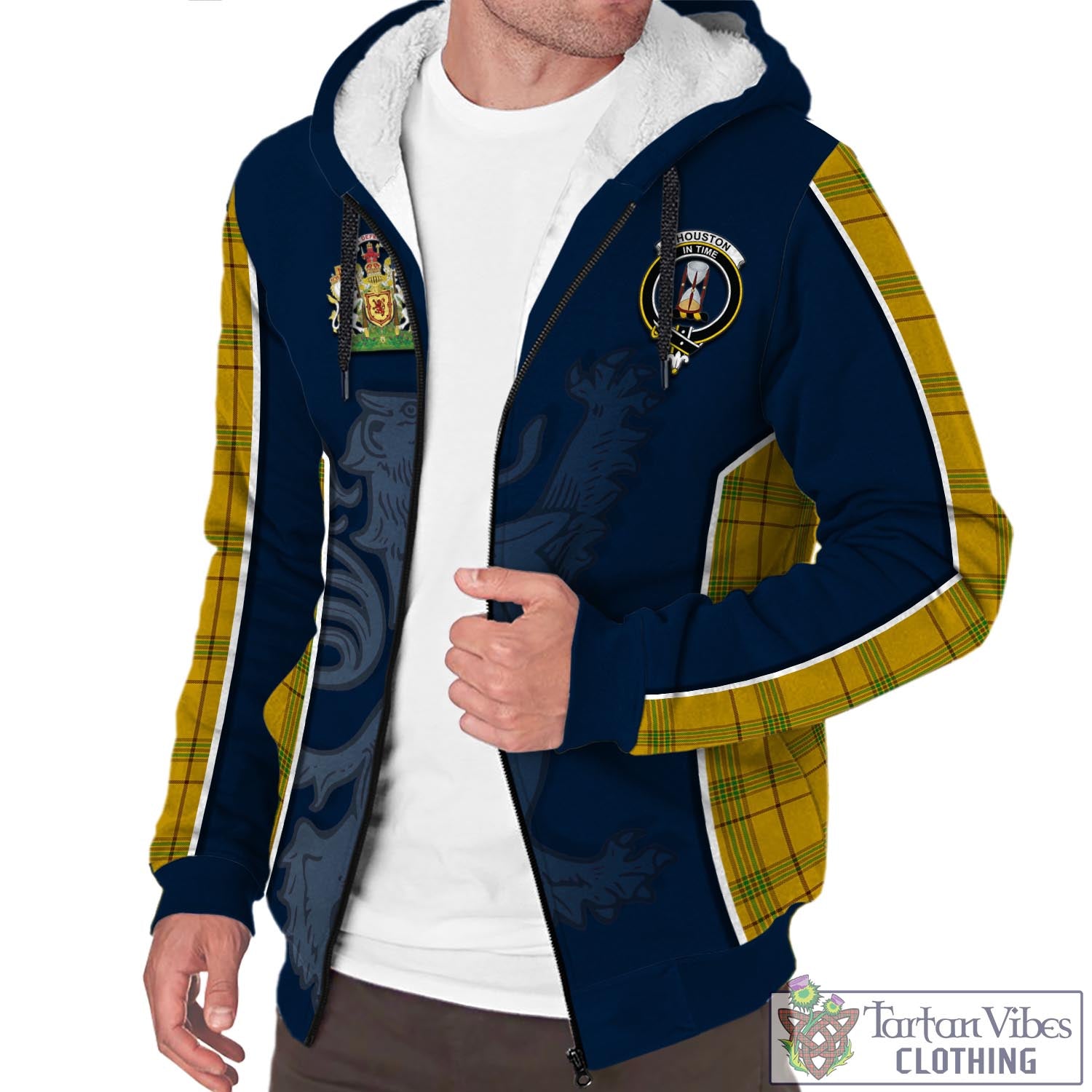 Tartan Vibes Clothing Houston Tartan Sherpa Hoodie with Family Crest and Lion Rampant Vibes Sport Style