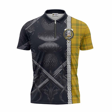 Houston Tartan Zipper Polo Shirt with Family Crest Cross Sword Thistle Celtic Vibes Unisex - Tartan Vibes Clothing