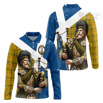 Houston Tartan Long Sleeve Polo Shirt with Family Crest Scottish Bagpiper Vibes Unisex - Tartan Vibes Clothing