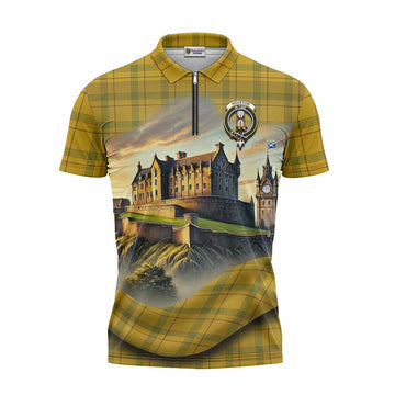 Houston Tartan Family Crest Zipper Polo Shirt with Scottish Ancient Castle Style Unisex - Tartan Vibes Clothing